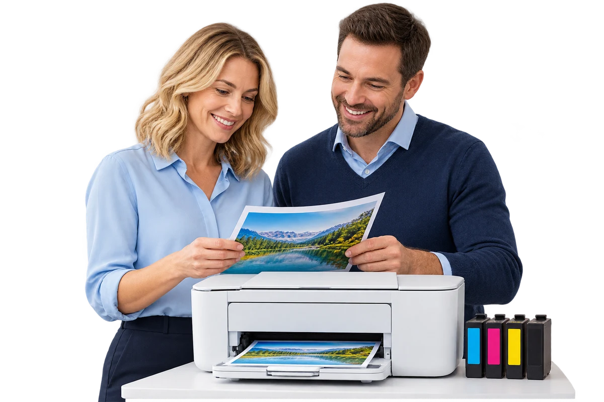 Two colleagues with a printer and ink cartridges